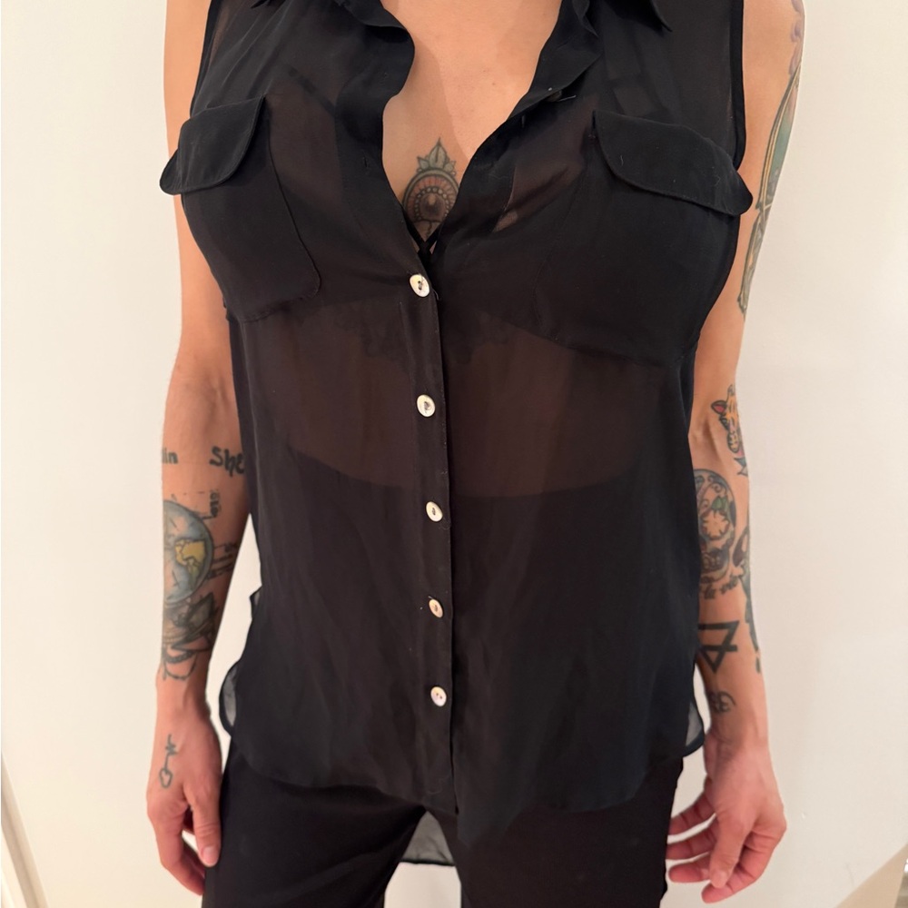 Black Sheer Sleeveless Polo Blouse